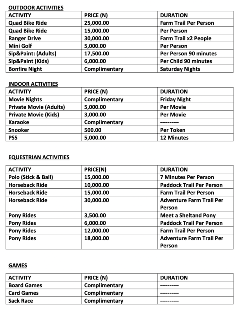 Almat Farms Activity Rate Card ALMAT Farms